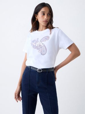 LOV White Paisley Design Cotton T-Shirt