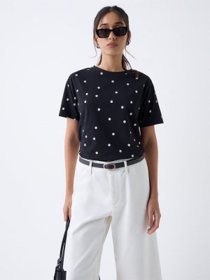 LOV Black Polka Dotted Cotton T-Shirt