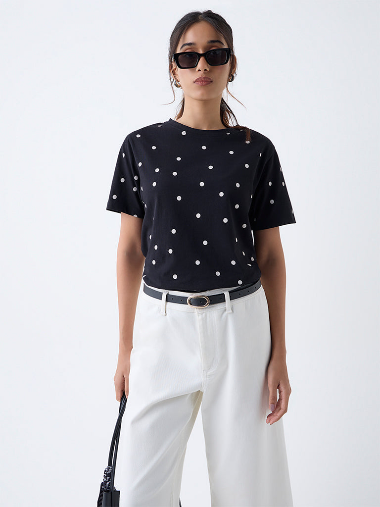 LOV Black Polka Dotted Cotton T-Shirt