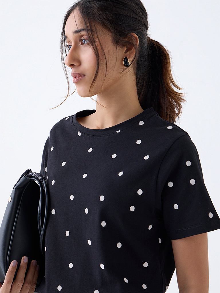 LOV Black Polka Dotted Cotton T-Shirt - Image 3