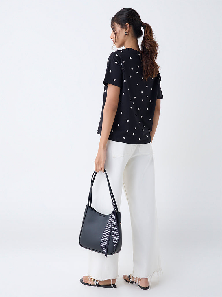 LOV Black Polka Dotted Cotton T-Shirt - Image 4