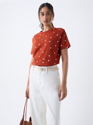 LOV Rust Polka Dotted Cotton T-Shirt