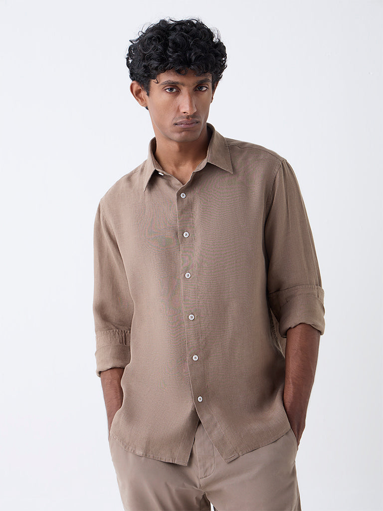Ascot Taupe Solid Relaxed-Fit Linen Shirt - Image 2