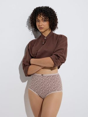 Wunderlove Taupe Printed Cotton-Blend Full Briefs - Pack of 3