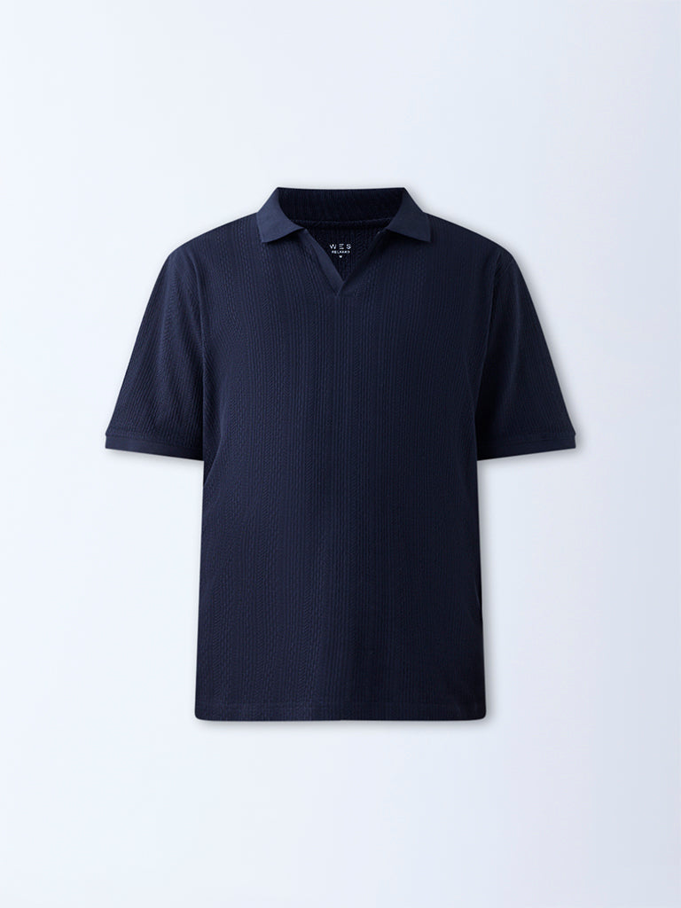 WES Casuals Navy Textured Relaxed-Fit Polo T-Shirt - Image 6