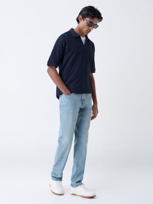 WES Casuals Navy Textured Relaxed-Fit Polo T-Shirt