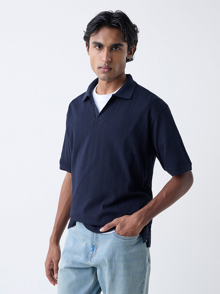 WES Casuals Navy Textured Relaxed-Fit Polo T-Shirt - Image 3