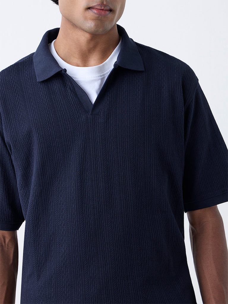 WES Casuals Navy Textured Relaxed-Fit Polo T-Shirt - Image 4