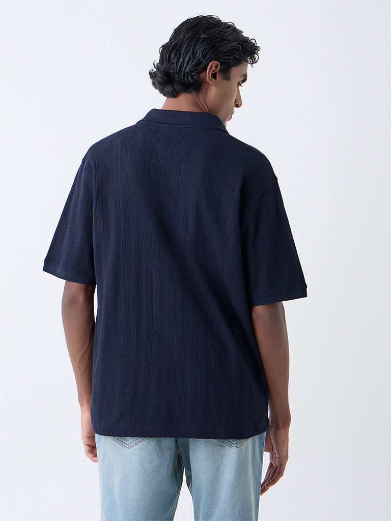 WES Casuals Navy Textured Relaxed-Fit Polo T-Shirt - Image 5