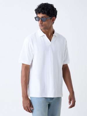 WES Casuals White Textured Relaxed-Fit Polo T-Shirt