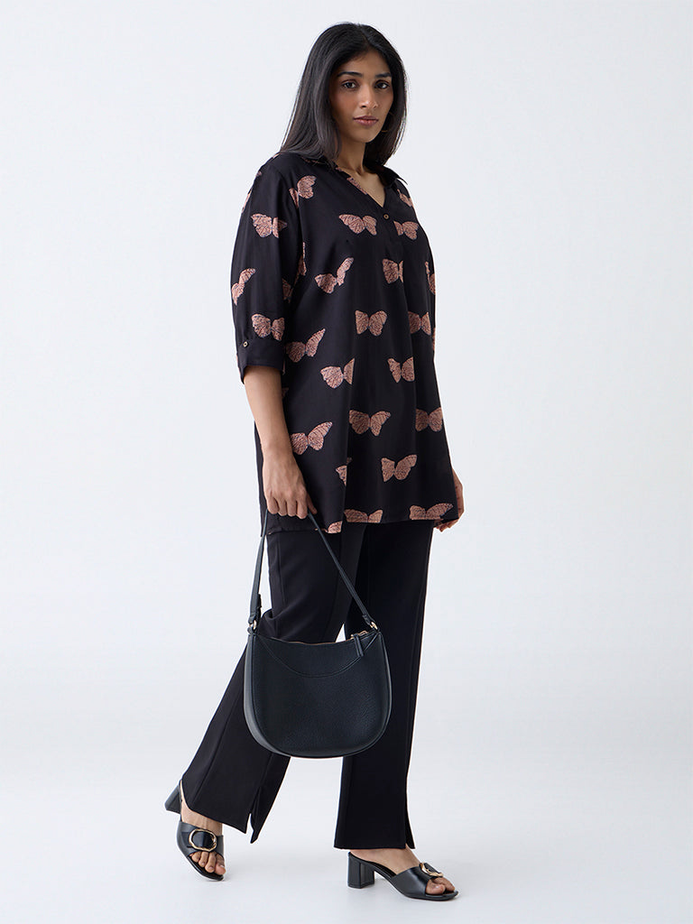 Diza Black Butterfly Printed Tunic - Image 2