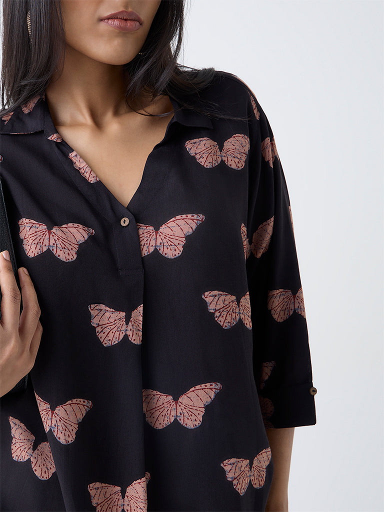 Diza Black Butterfly Printed Tunic - Image 3