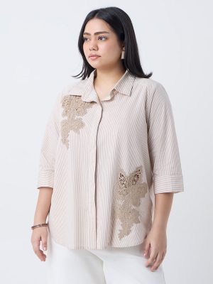 Gia Beige Floral Embroidered Cotton Shirt