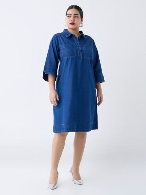 Gia Blue Solid Denim A-Line Dress