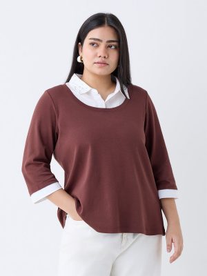 Gia Brown Solid Cotton T-Shirt
