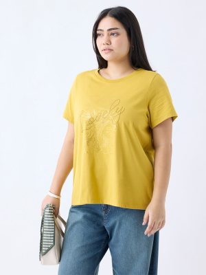 Gia Mustard Printed Cotton T-Shirt