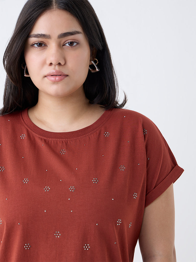 Gia Rust Diamante Embellished Cotton T-Shirt - Image 3
