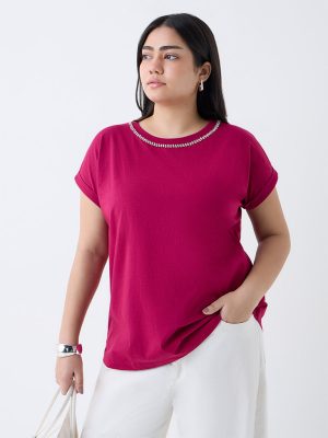 Gia Magenta Diamante Embellished Cotton T-Shirt