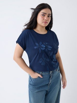 Gia Navy Floral Embroidered Cotton T-Shirt