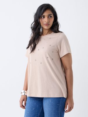 Gia Taupe Embellished Cotton T-Shirt