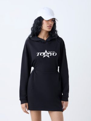 Studiofit Black Typographic Cotton-Blend A-Line Dress