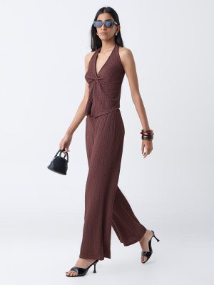 Nuon Brown Crinkled High-Rise Pants