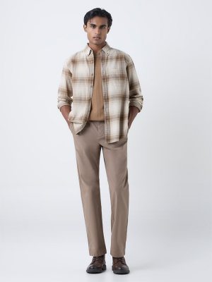 WES Casuals Tan Checks Pattern Relaxed-Fit Cotton Shirt