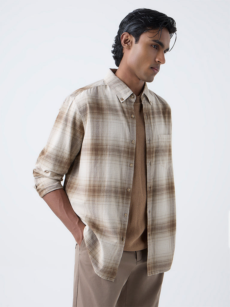 WES Casuals Tan Checks Pattern Relaxed-Fit Cotton Shirt - Image 2