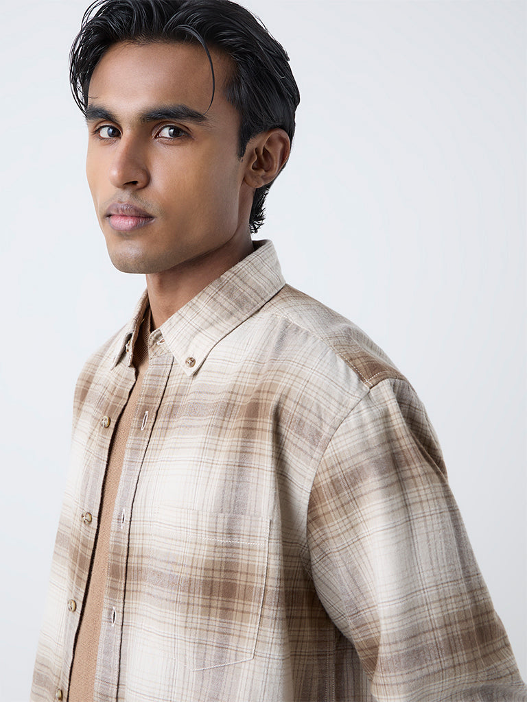 WES Casuals Tan Checks Pattern Relaxed-Fit Cotton Shirt - Image 3