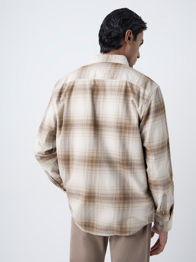 WES Casuals Tan Checks Pattern Relaxed-Fit Cotton Shirt - Image 4