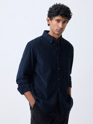 WES Casuals Navy Corduroy Relaxed-Fit Cotton Shirt