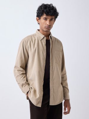 WES Casuals Beige Relaxed-Fit Corduroy Shirt