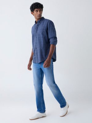 WES Casuals Blue Checks Detailed Relaxed-Fit Cotton Shirt