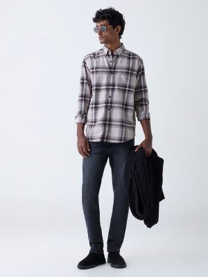 WES Casuals Brown Checks Printed Relaxed-Fit Cotton Shirt