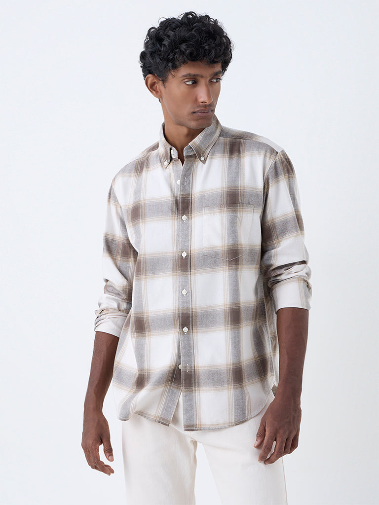 WES Casuals Brown Checkered Relaxed-Fit Cotton Shirt