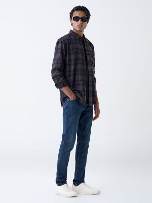 WES Casuals Dark Brown Checkered Relaxed-Fit Cotton Shirt