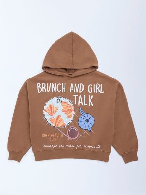 Y&F Kids Brown Printed Cotton-Blend Hoodie