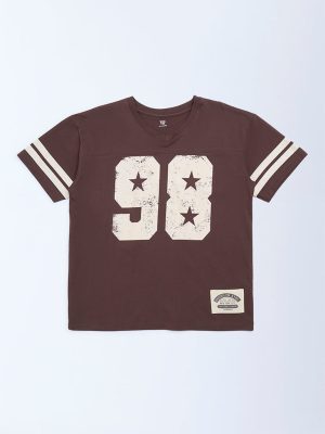 Y&F Kids Brown Printed Cotton T-Shirt