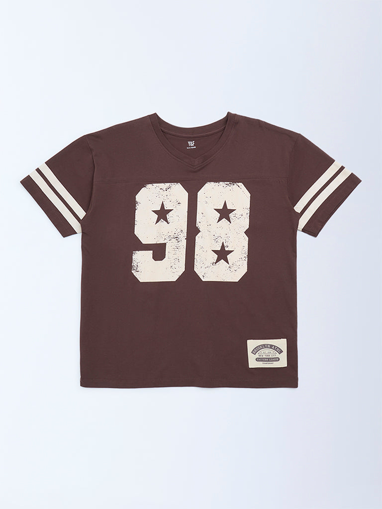 Y&F Kids Brown Printed Cotton T-Shirt