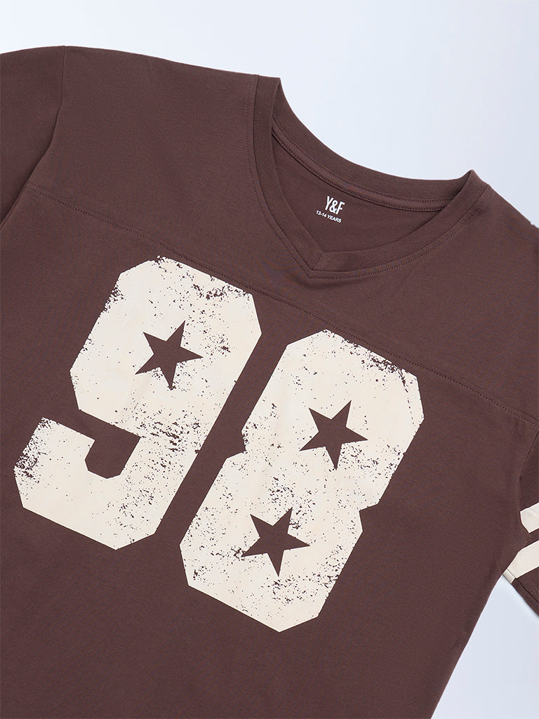 Y&F Kids Brown Printed Cotton T-Shirt - Image 3