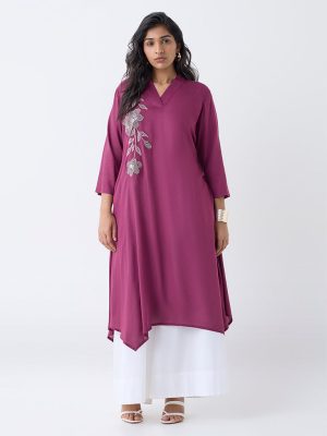 Diza Plum Floral Embroidered A-Line Kurta