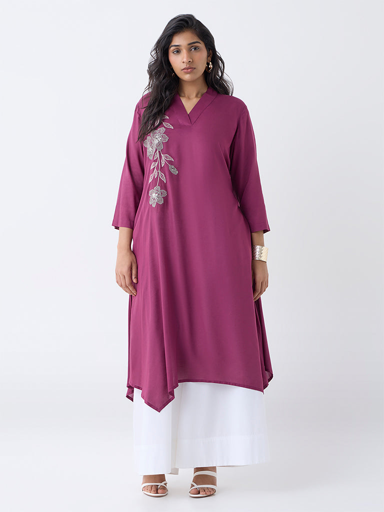 Diza Plum Floral Embroidered A-Line Kurta