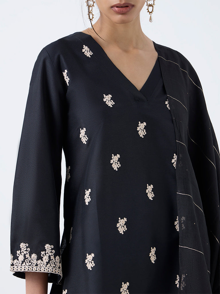 Vark Black Floral Embroidered Straight Ethnic Set - Image 3