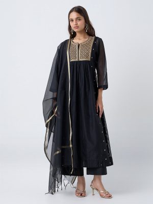 Vark Black Embroidered Anarkali Cotton-Blend Ethnic Set