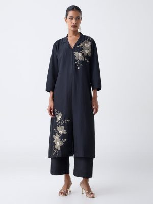 Vark Black Floral Embellished A-Line Ethnic Set