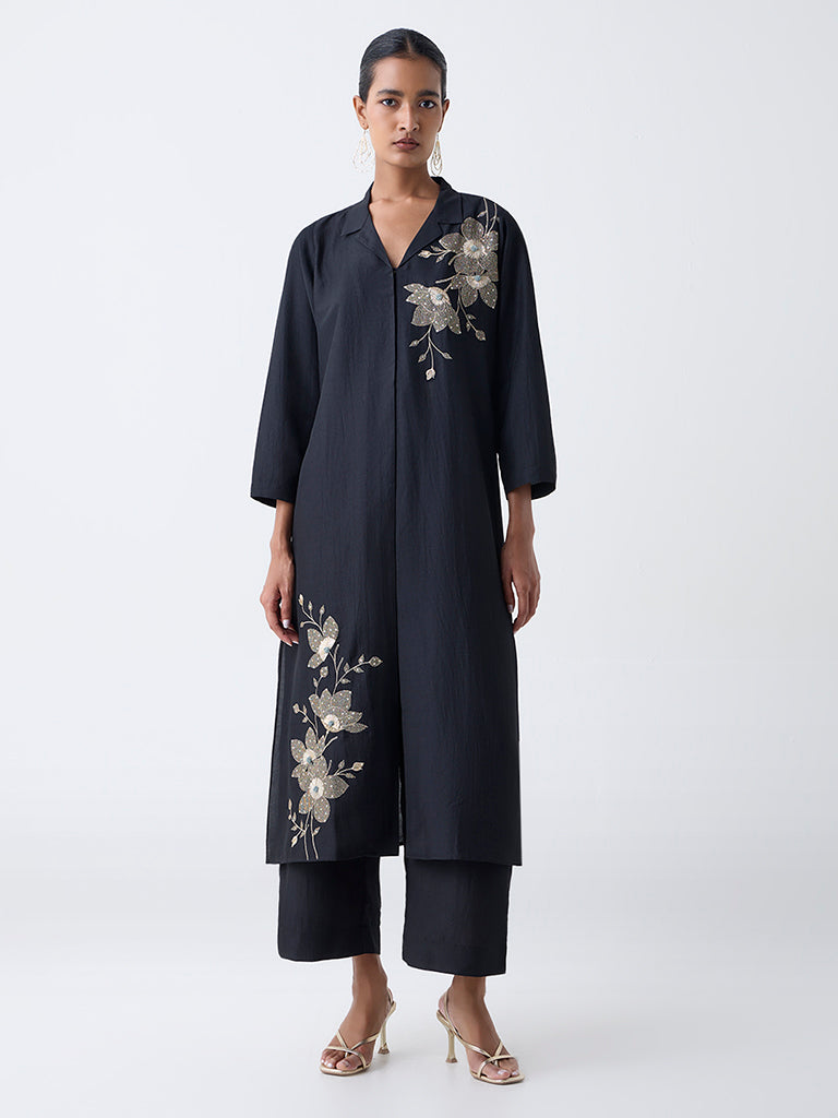 Vark Black Floral Embellished A-Line Ethnic Set