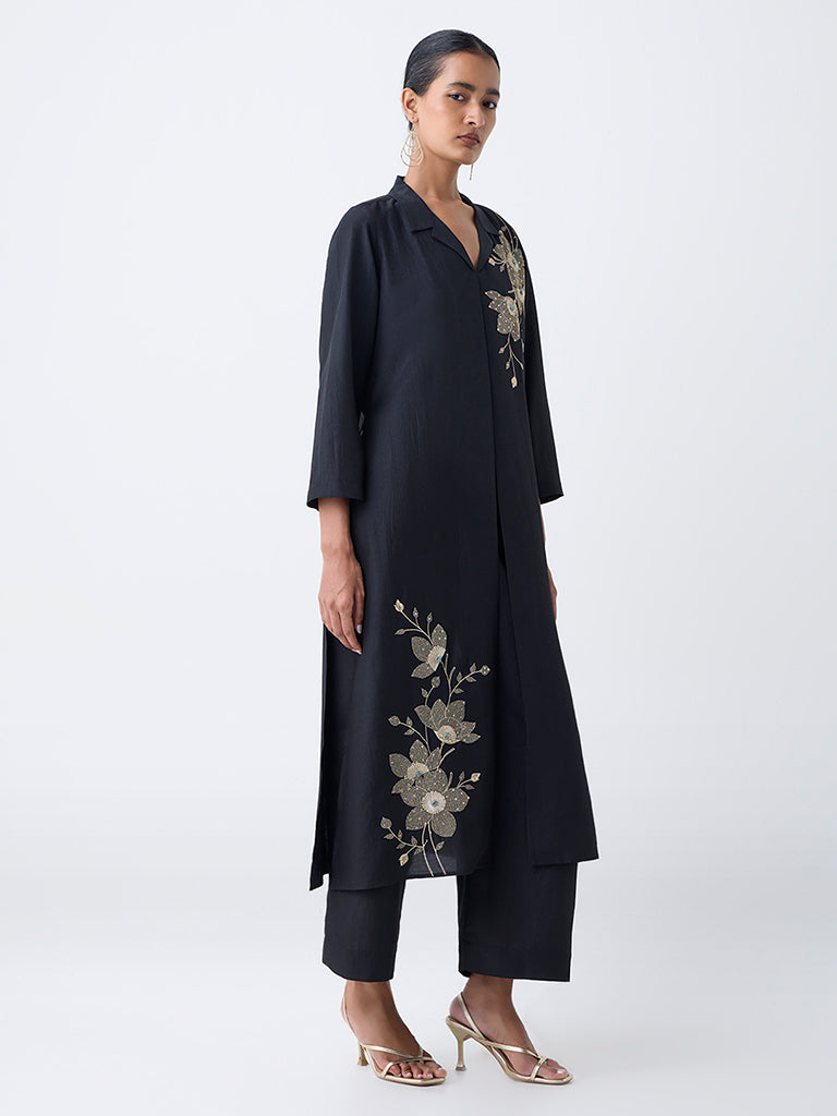 Vark Black Floral Embellished A-Line Ethnic Set - Image 2