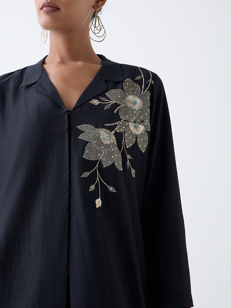 Vark Black Floral Embellished A-Line Ethnic Set - Image 3