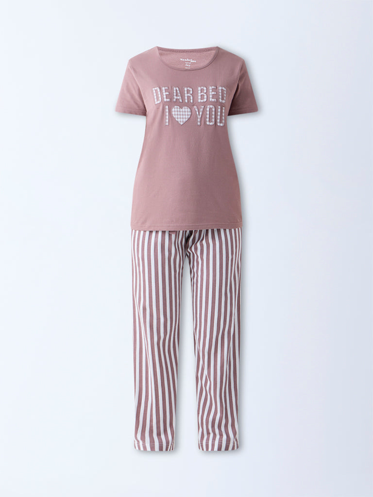 Wunderlove Light Brown Cotton Pyjama Set in a Bag - Image 5