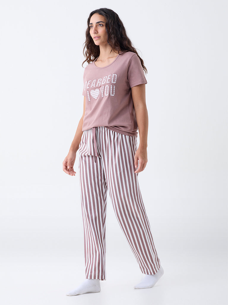 Wunderlove Light Brown Cotton Pyjama Set in a Bag - Image 2